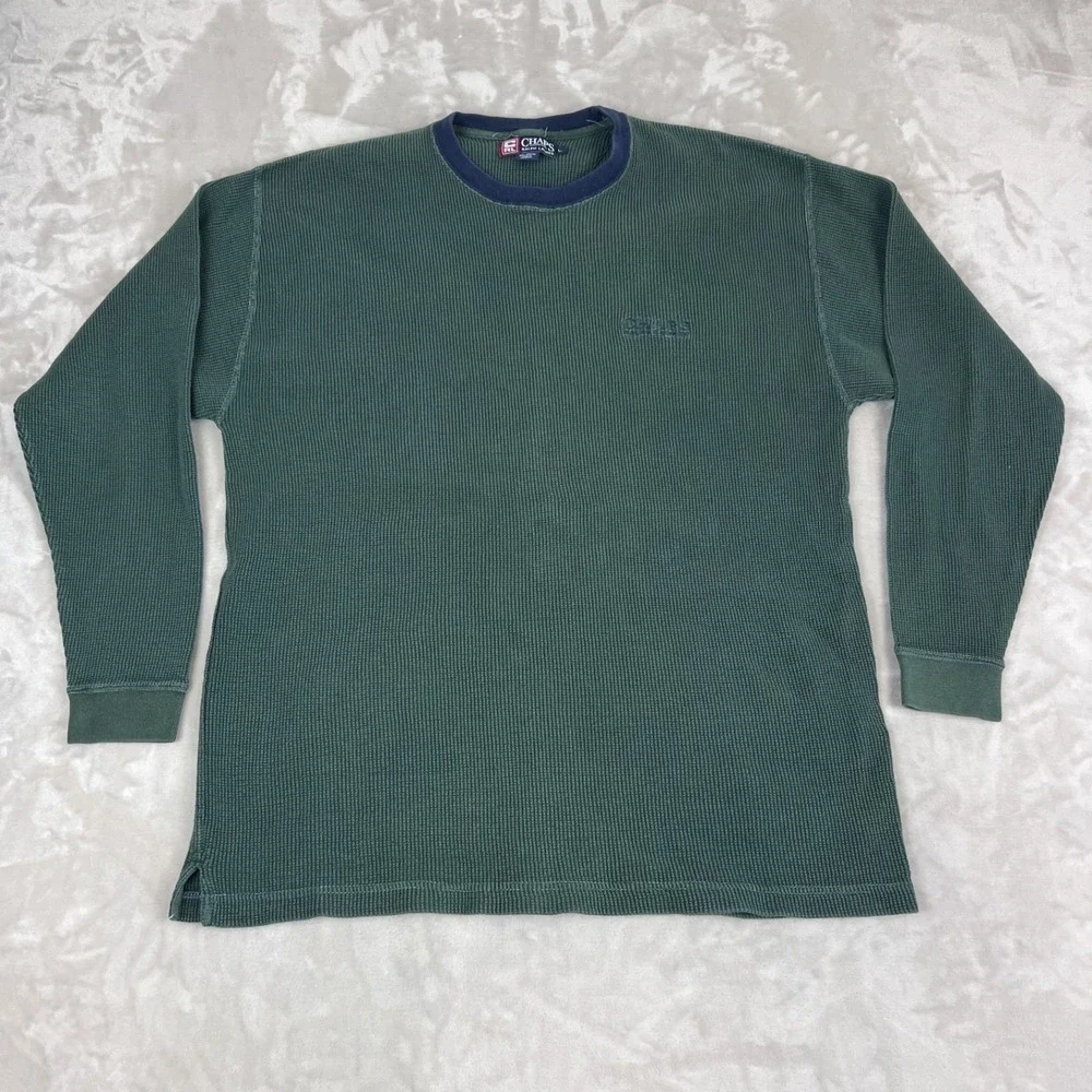 Vintage‎ Y2K Chaps Ralph Lauren Sweater Large Green Waffle Knit Thermal Grunge